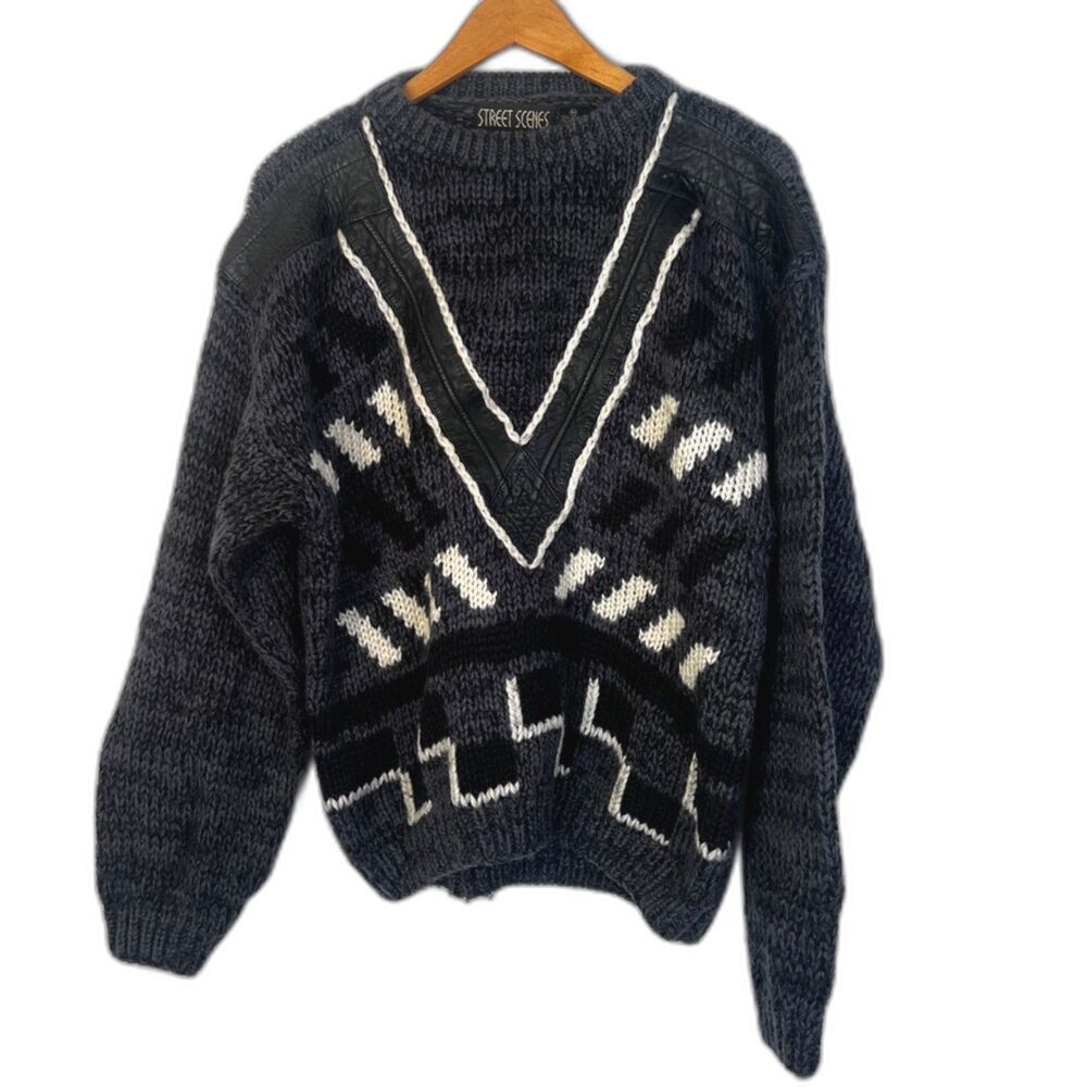 Street Scenes‎ Leather Patch Knit Sweater Edgy Streetwear Retro Size Medium
